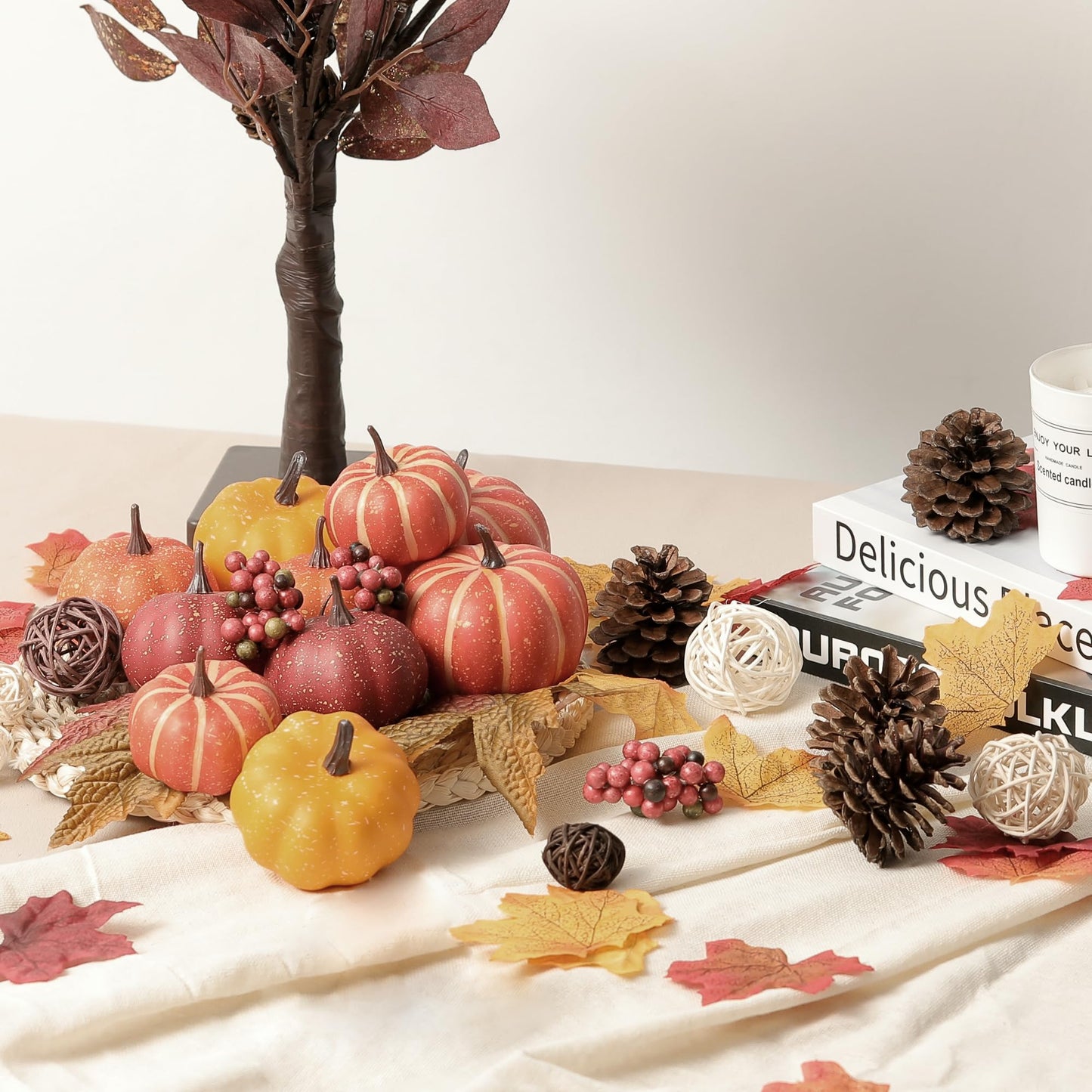 Pumpkin Decor Set, 23 PCS Fall Harvest Decorations Including Mini Pumpkins, Acorns, Pinecones, Berries, Maple Leaves