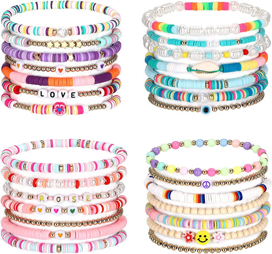 28 Pcs 4 Set Fresh Style Beaded Surfer Bracelets Set Colorful Preppy