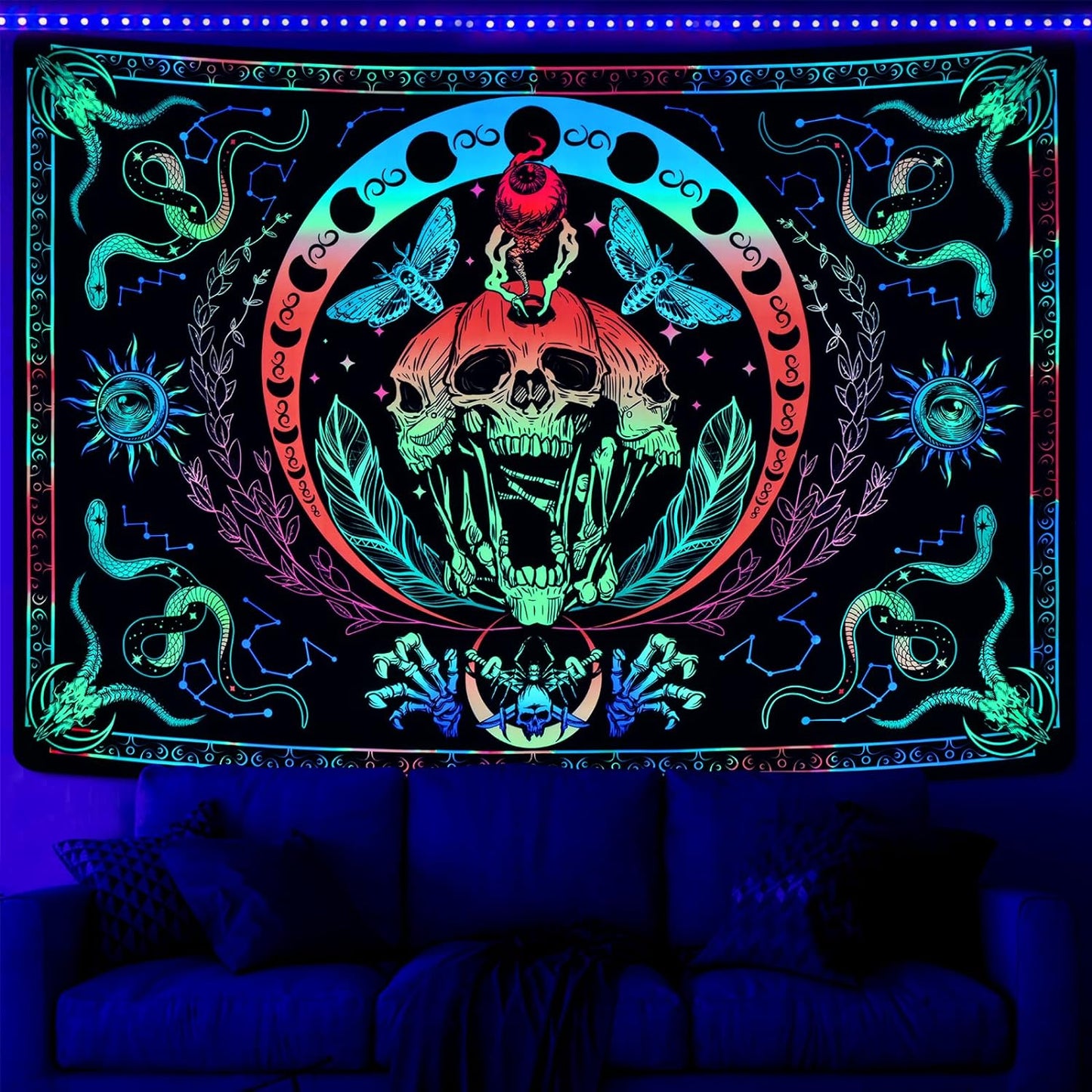 UV Reactive Blacklight Skull Tapestry with Snake, Moth, and Moon Phases - Glow-in-the-Dark Wall Hanging for Aesthetic Room Decor