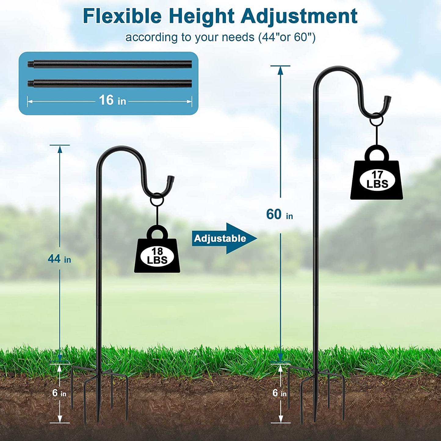 60" Shephards Hook for Outdoor, Heavy Duty Bird Feeder Pole with 5 Base Prongs, Adjustable Hook for Hanging, 2 Pack