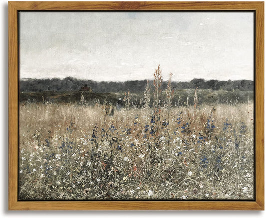 Framed Canvas Wall Art Home Decor, Meadow w/ Flowers Painting Prints, Canvas (8x10in/20x25cm)