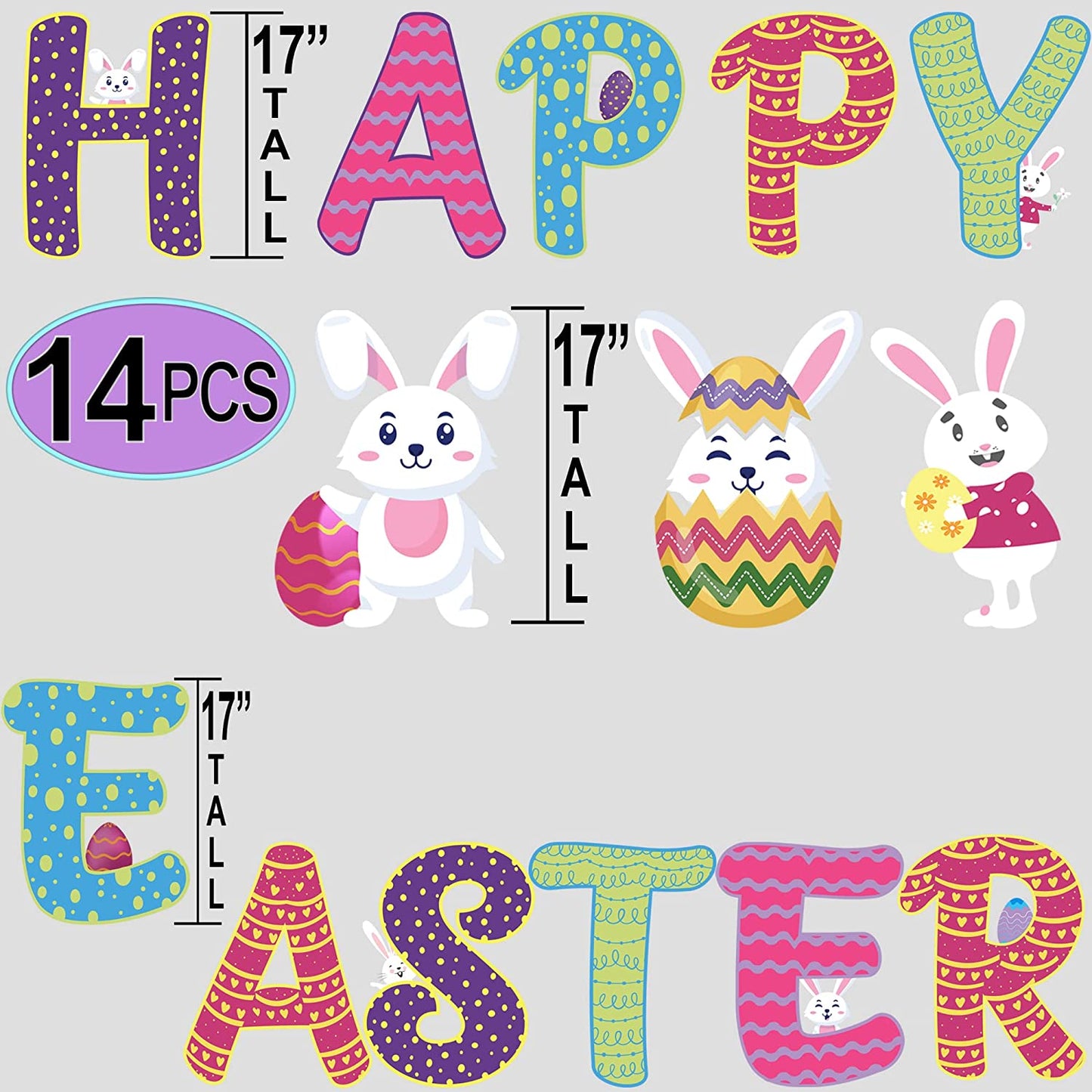 Easter Yard Sign | (14 Pcs) Large 17" Tall, Happy Easter Outdoor Decorations