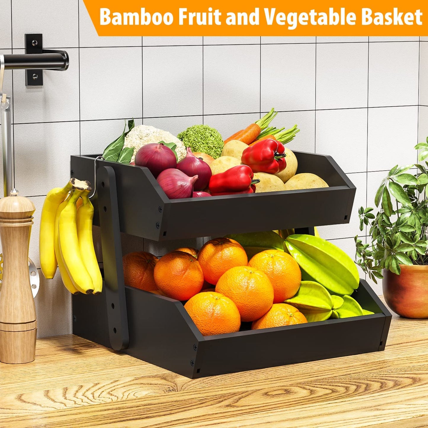 Bamboo Fruit Basket w/ 2 Tier Fruit Bowl For Kitchen Counter, Large Capacity w/ 2 Banana Hangers (BLACK)