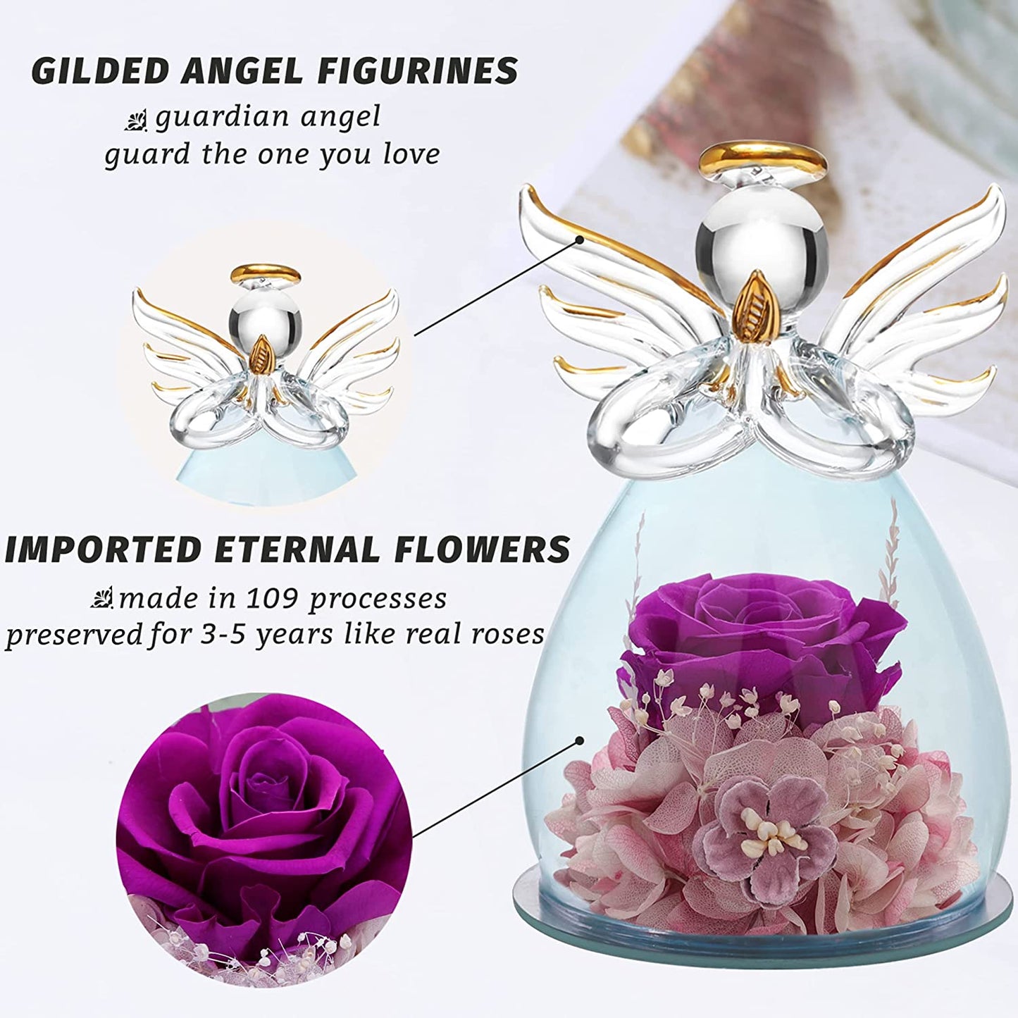 Valentines Day Preserved Rose, Glass Angel Figurines Gifts w/ Pretty Purple Flowers