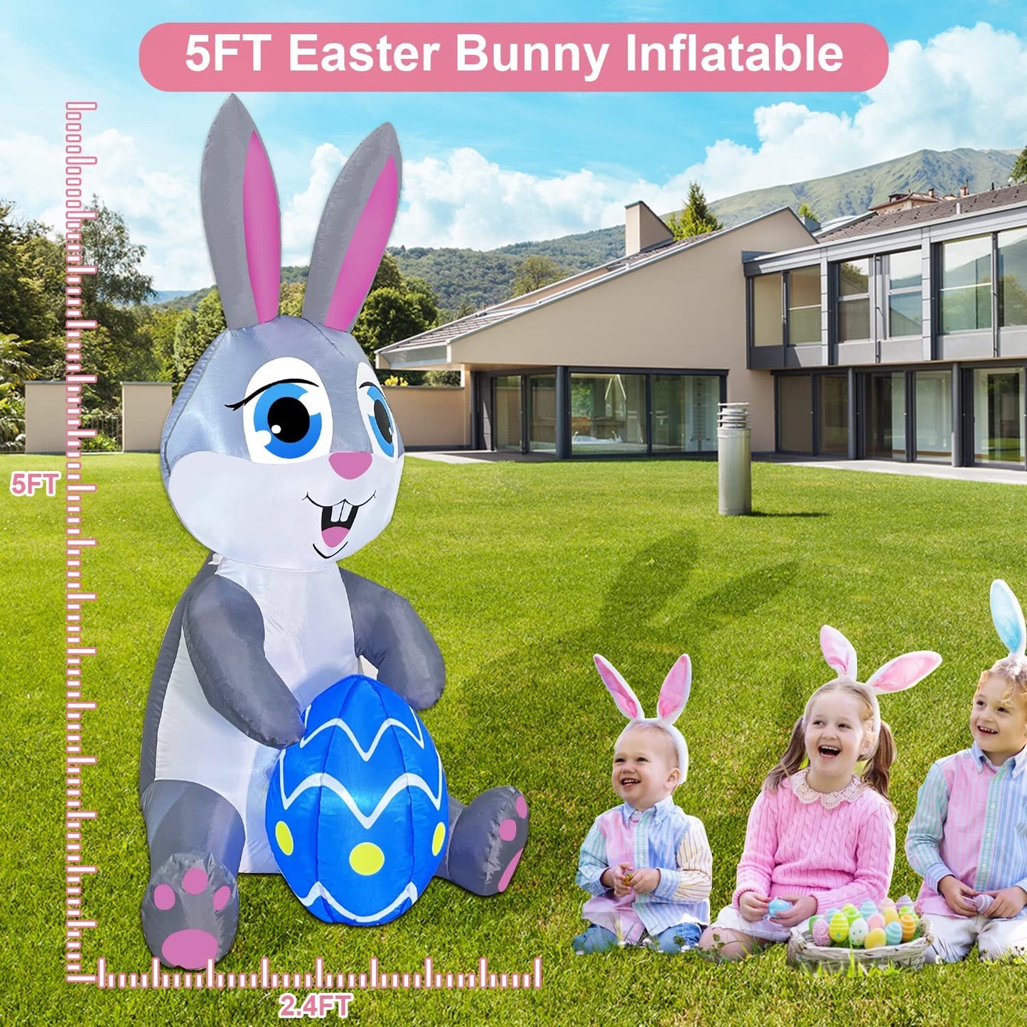 5FT Easter Inflatables Bunny Decorations with Bright Led Lights & Sandbags Stakes Strings