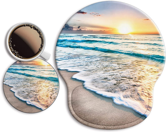 Ergonomic Mouse Pad w/ Wrist Support Rest [ 20% Larger] w/ Coaster Non-Slip, A-Beach