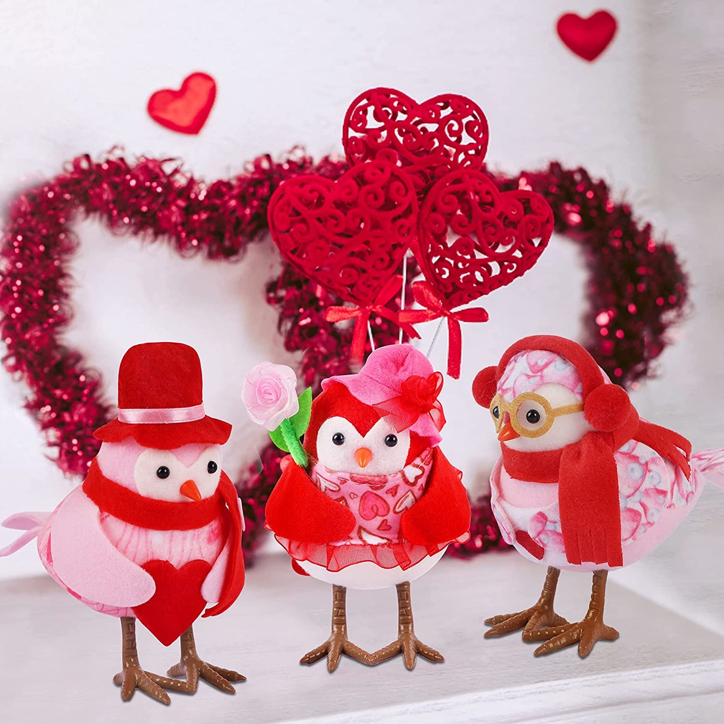 Valentine's Day Tabletop Decor, Set of 3 Red & Pink Bird Figurines, Perfect for Tiered Tray