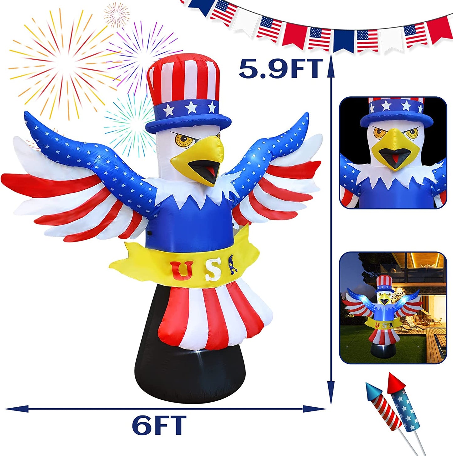 6FT Independence Day Inflatable 4th of July Inflatables Blow up Patriotic Flying Bald Eagle Decoration w/ LEDS