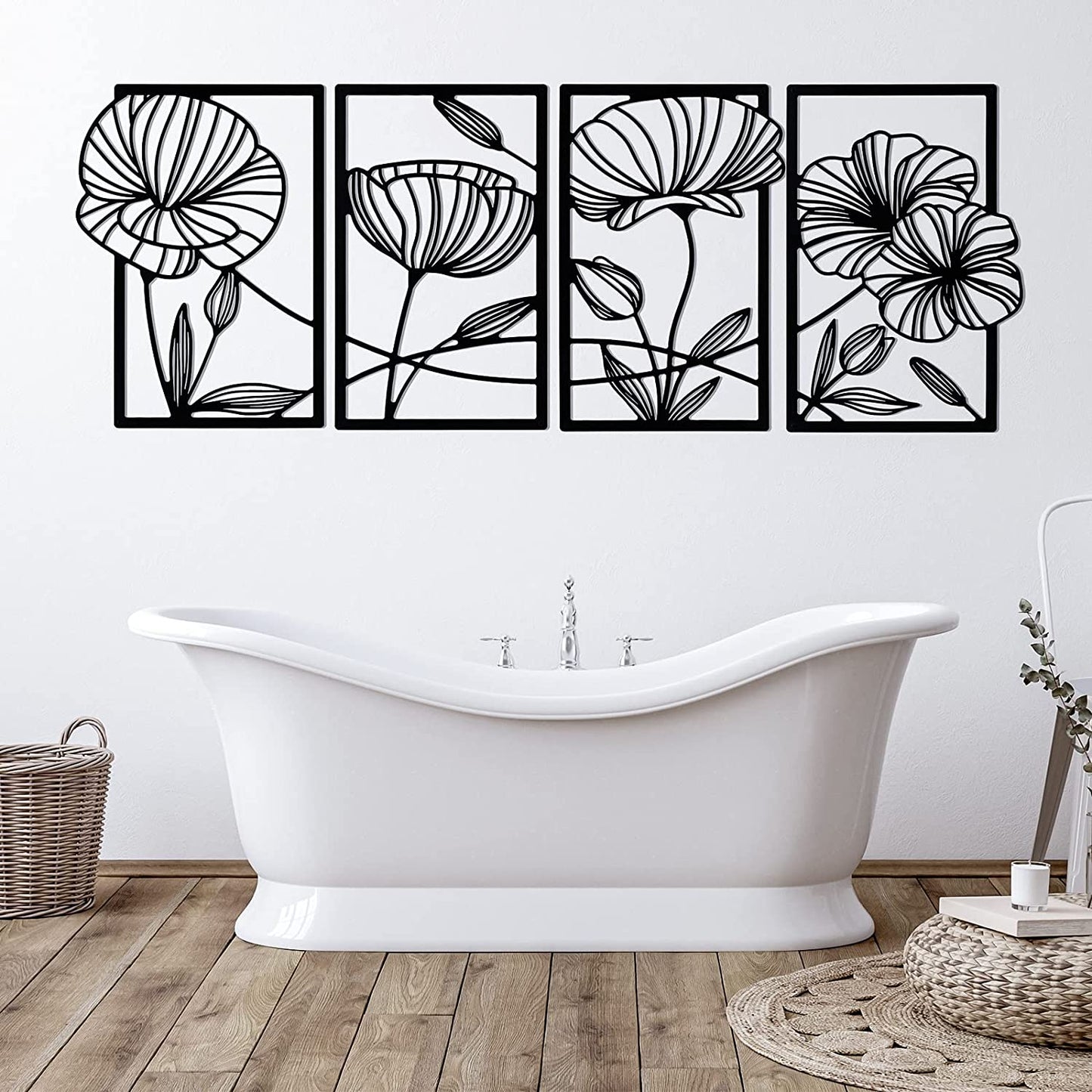 4 Pcs Metal Line Art Wall Decor Metal Flower Minimalist Sculpture Modern 16.5x11.9in (Black)