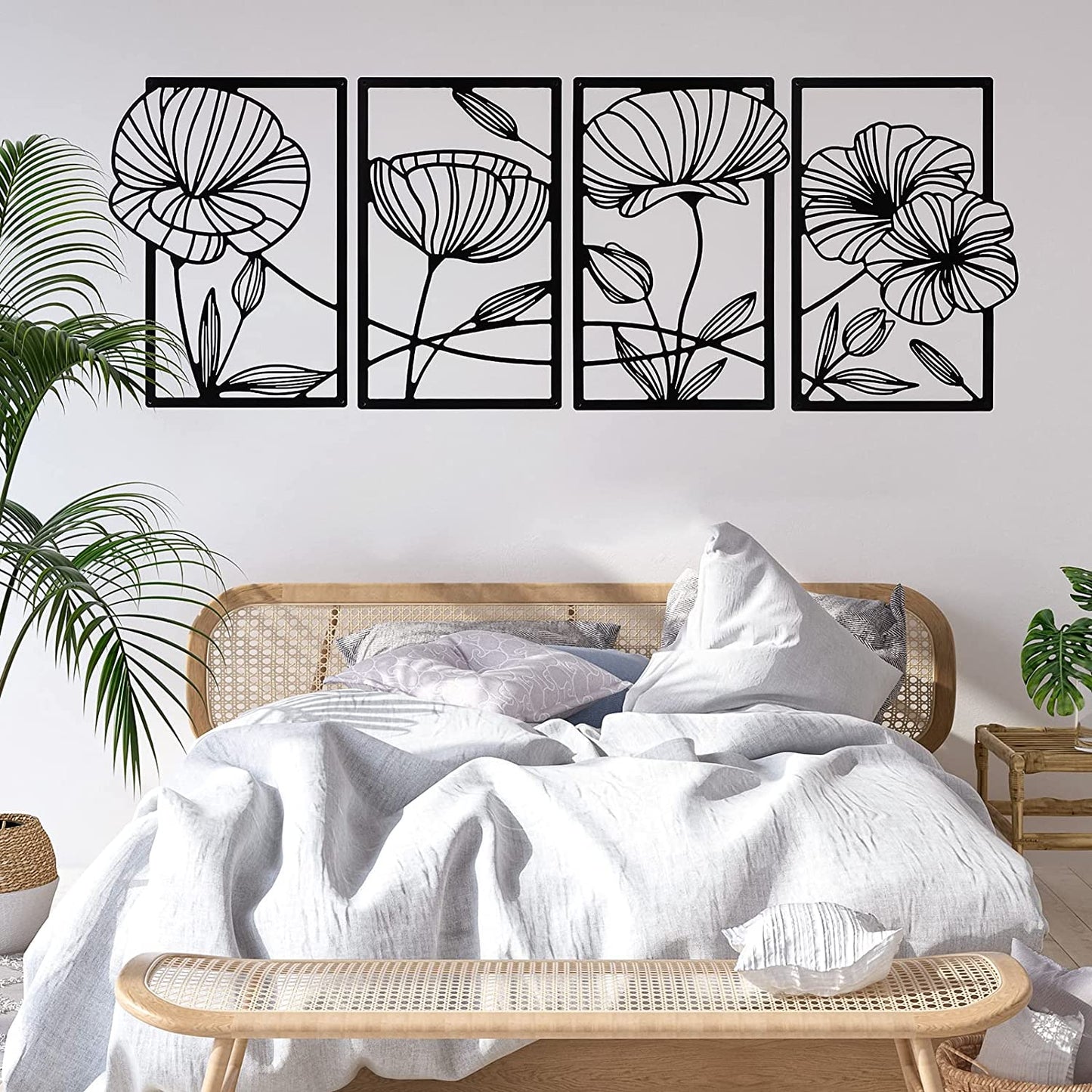 4 Pcs Metal Line Art Wall Decor Metal Flower Minimalist Sculpture Modern 16.5x11.9in (Black)