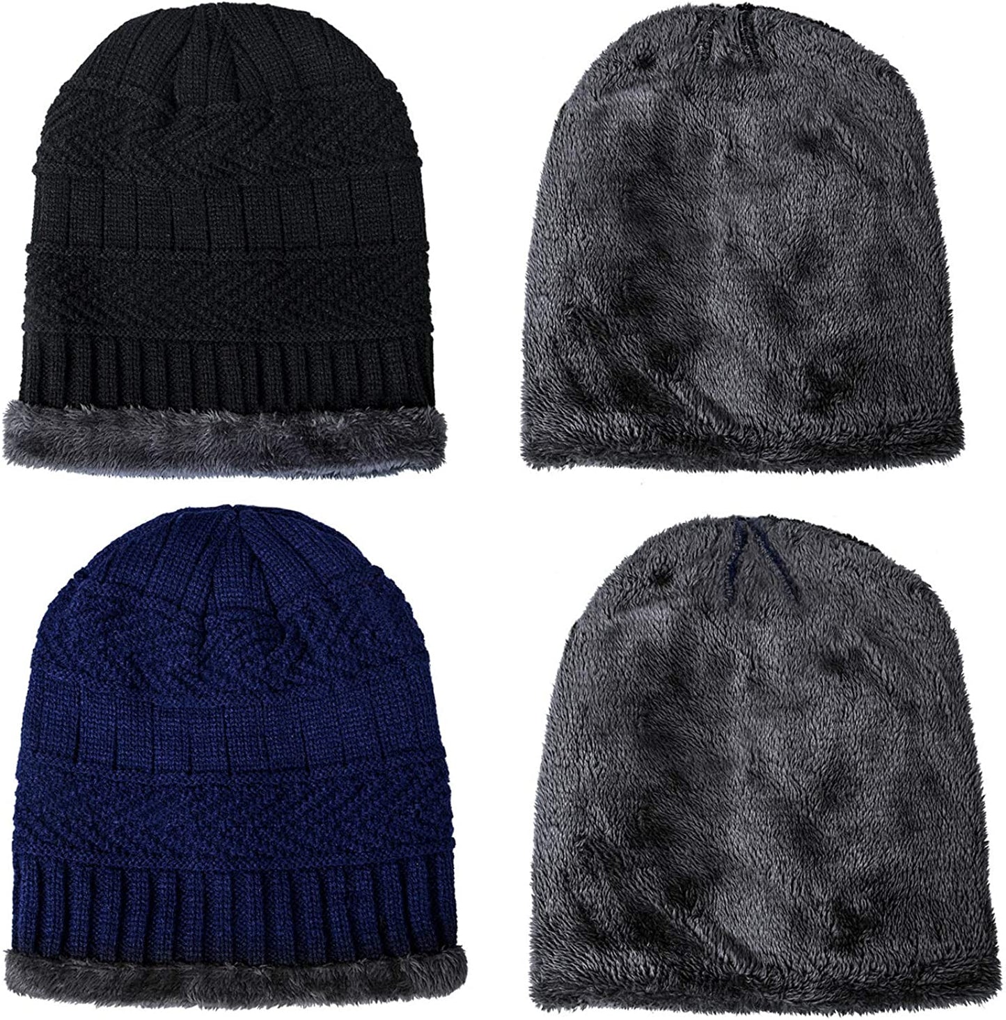 2 Pack Winter Beanie Hat Set Warm Knitted Beanie Skull Cap, D-Black +Navy, 2 Pack