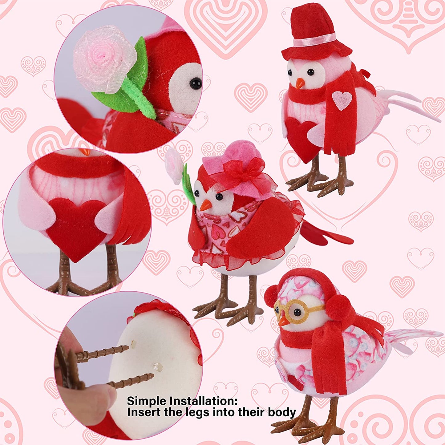 Valentine's Day Tabletop Decor, Set of 3 Red & Pink Bird Figurines, Perfect for Tiered Tray