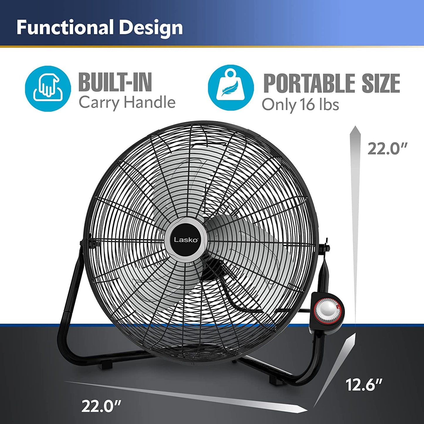 High Velocity Floor Fan w/ Wall mount Option, 3 Powerful Speeds, Pivoting Fan Head 20", Black, 2264QM