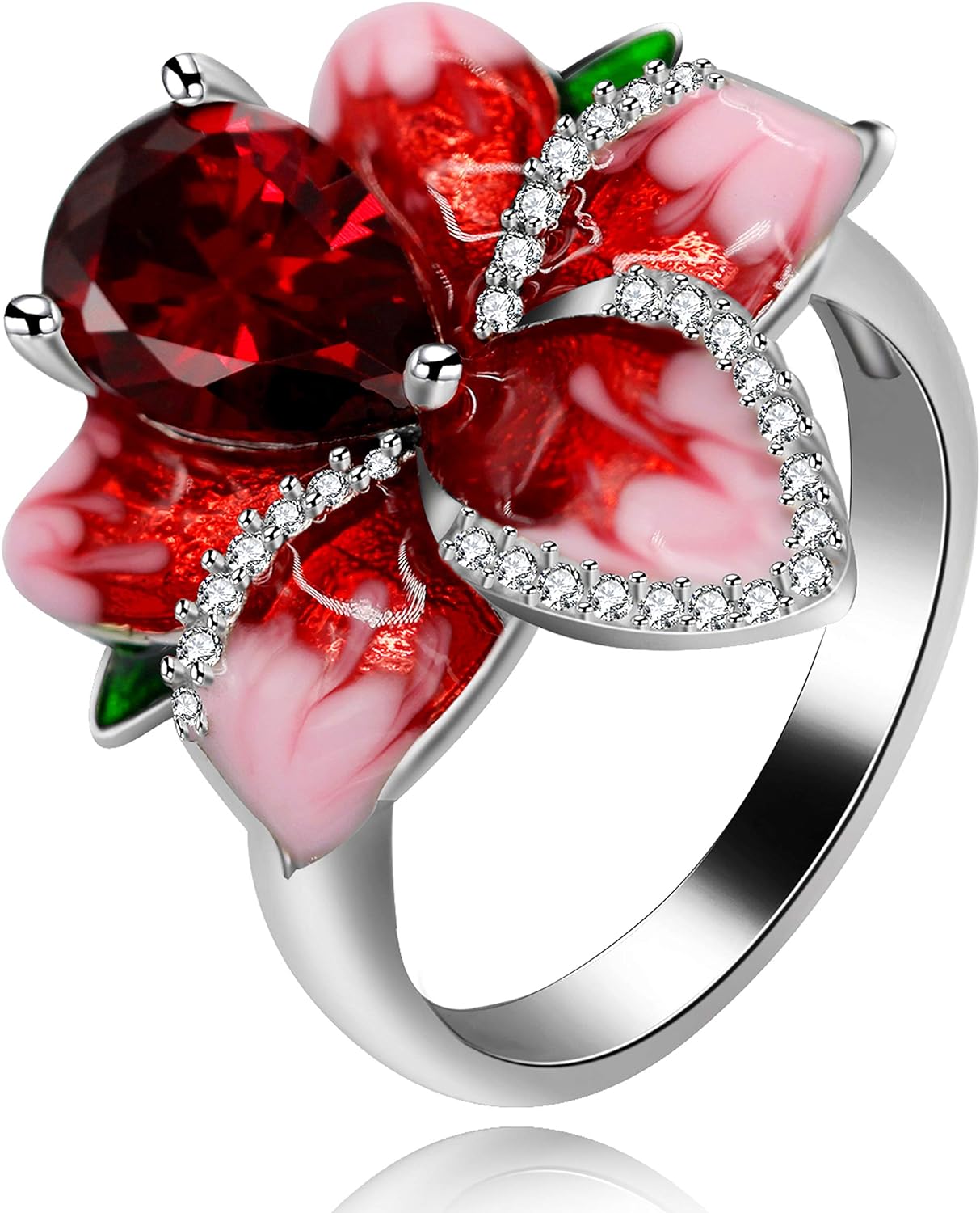 Girl's Beautiful Red Enamel Rose Ring for Women Blossom Flower