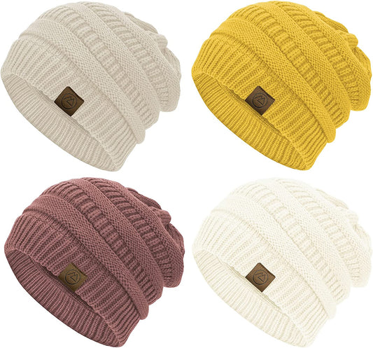 4 Pcs Winter Hats for Women Cable Knit Beanie Soft Thick, C White, beige, yellow & pink