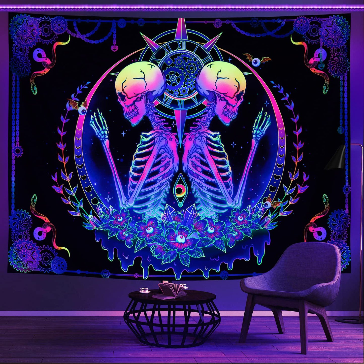 Blacklight Tapestry UV Reactive Skelton Wall Psychedelic Celestial Colorful Flower