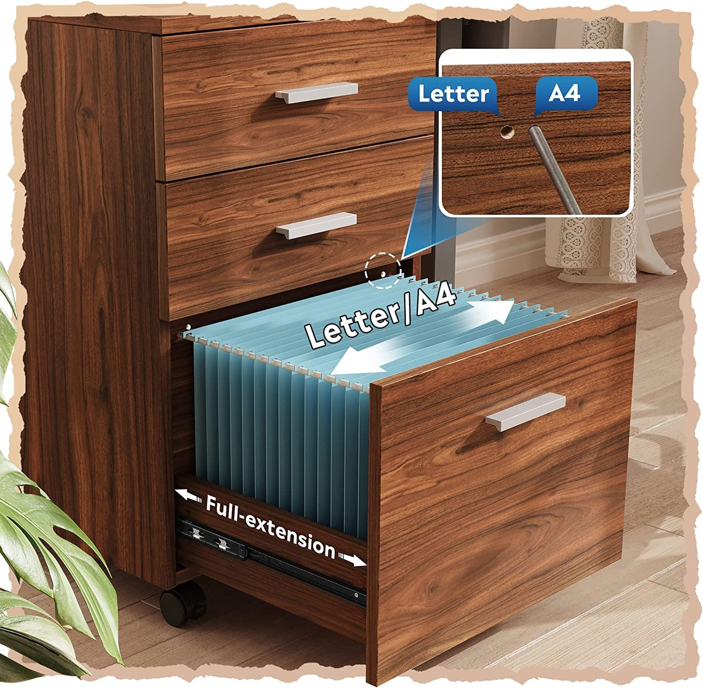 3 Drawer Wood Mobile File Cabinet, Rolling for Letter/A4 Size, Walnut