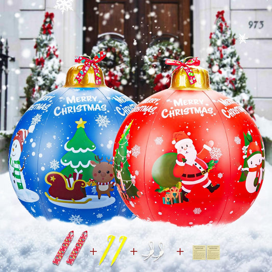Inflatable Christmas Balls with 2 Christmas Ribbon, 24'' Giant Christmas Inflatable Decorations Ornaments Ball, Christmas Decorations Ball for Outside Indoor Holiday Yard Lawn Decor, Red&Blue