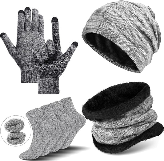 Winter Fleece Lined Beanie Hat Scarf Sock Touchscreen Gloves Set for Men Women