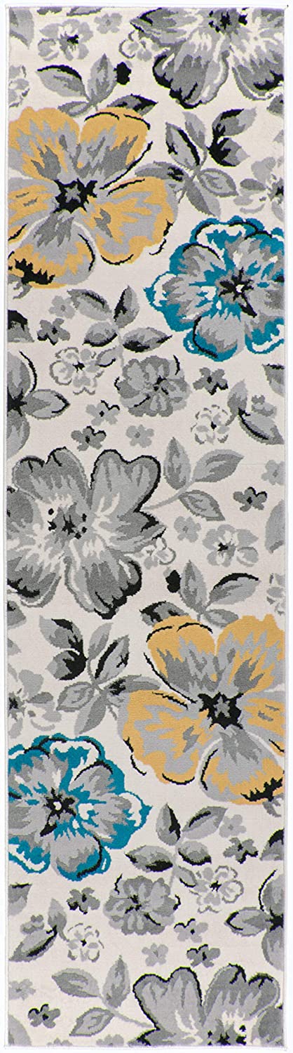 Modern Floral Design Easy Cleaning Non Shedding Runner Rug 2' X 7'2" Cream