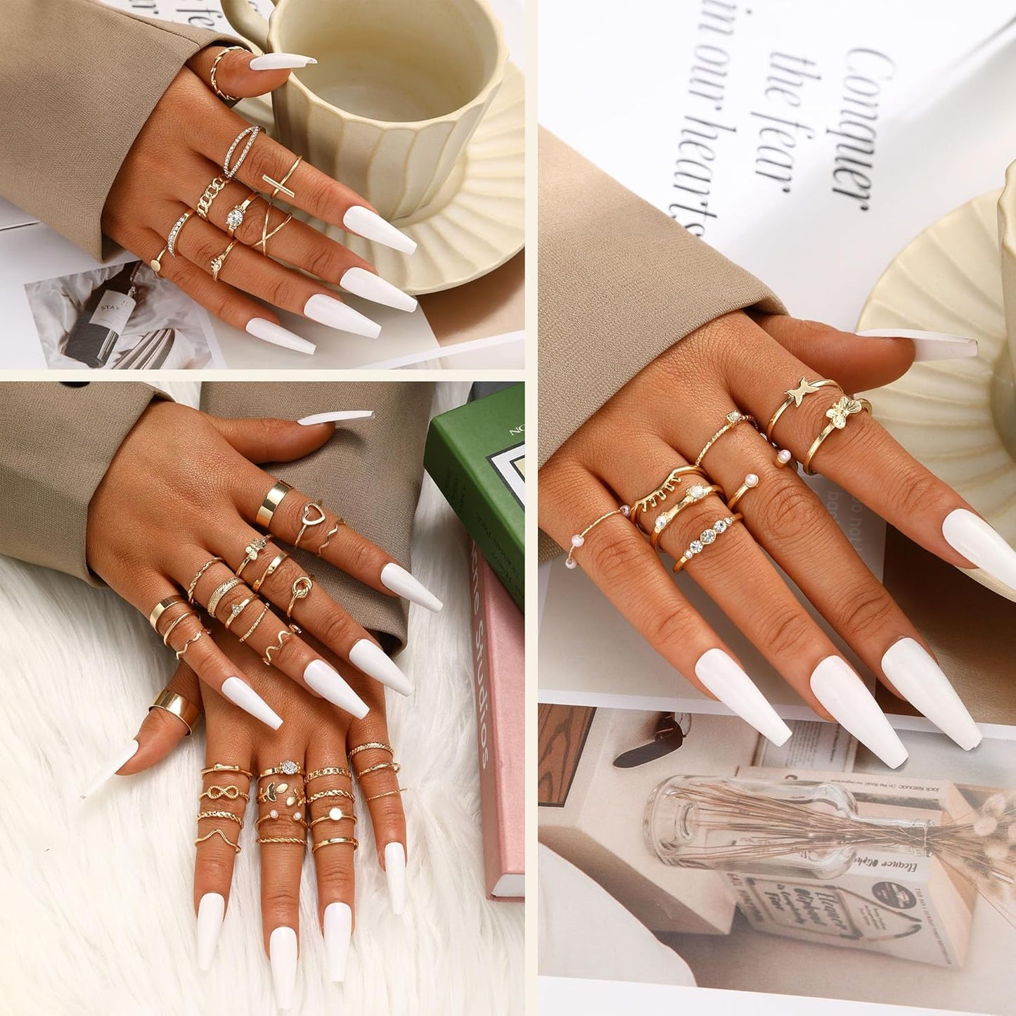 FAXHION 60 Pcs Gold Stackable Rings for Women, Knuckle Rings Chunky Gold Ring Set Dainty Stacking Cute Rings, Multiple Sizes Cute Jewelry Set Gift