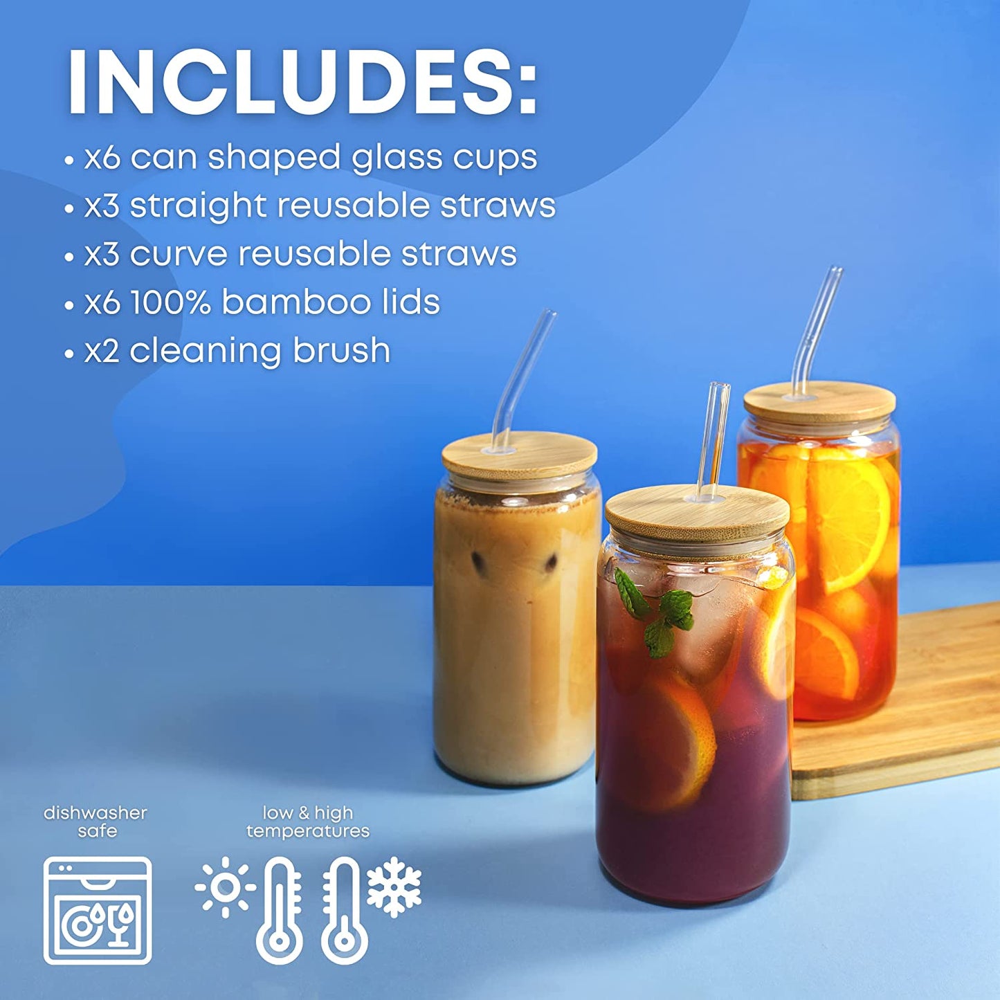 Drinking Can Glass With Bamboo Lid & Straw - Aesthetic 16oz 6pcs Set - Trending Coffee Cups