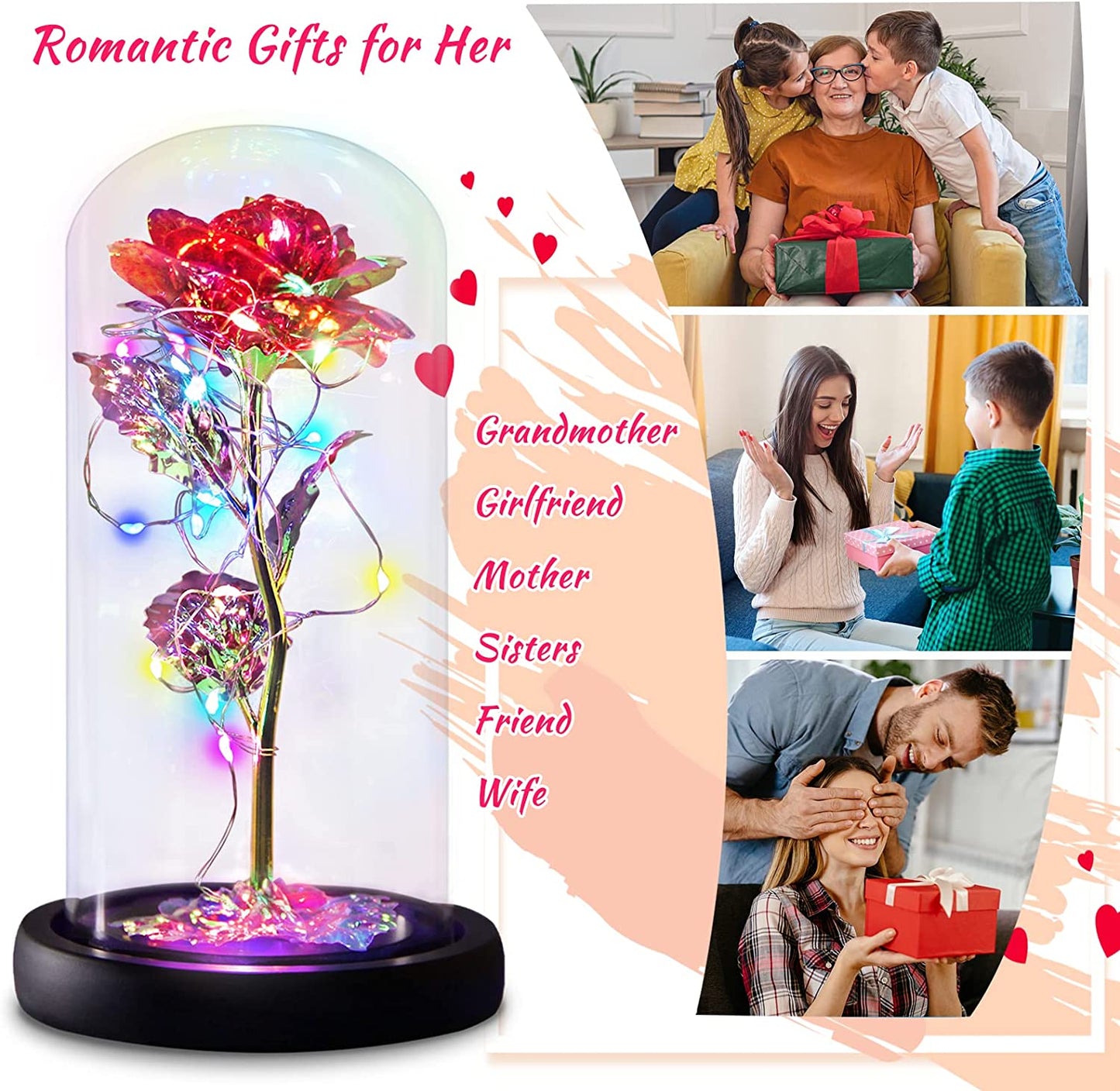 Mothers Day Rose Gifts for Mom, Eternal Forever Roses Lights in Glass Dome, Red