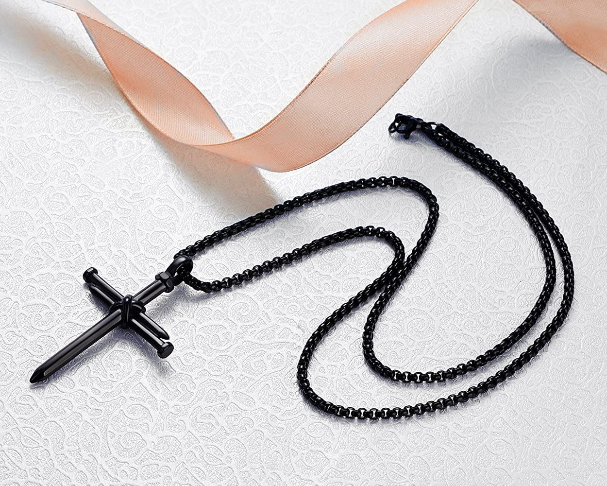 Men's Stainless Steel Nail Cross Pendant Necklace w/ 24 Inch Chain Polished Black