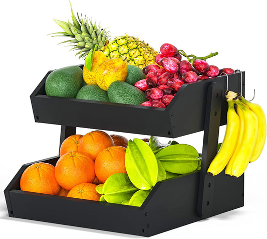 Bamboo Fruit Basket w/ 2 Tier Fruit Bowl For Kitchen Counter, Large Capacity w/ 2 Banana Hangers (BLACK)