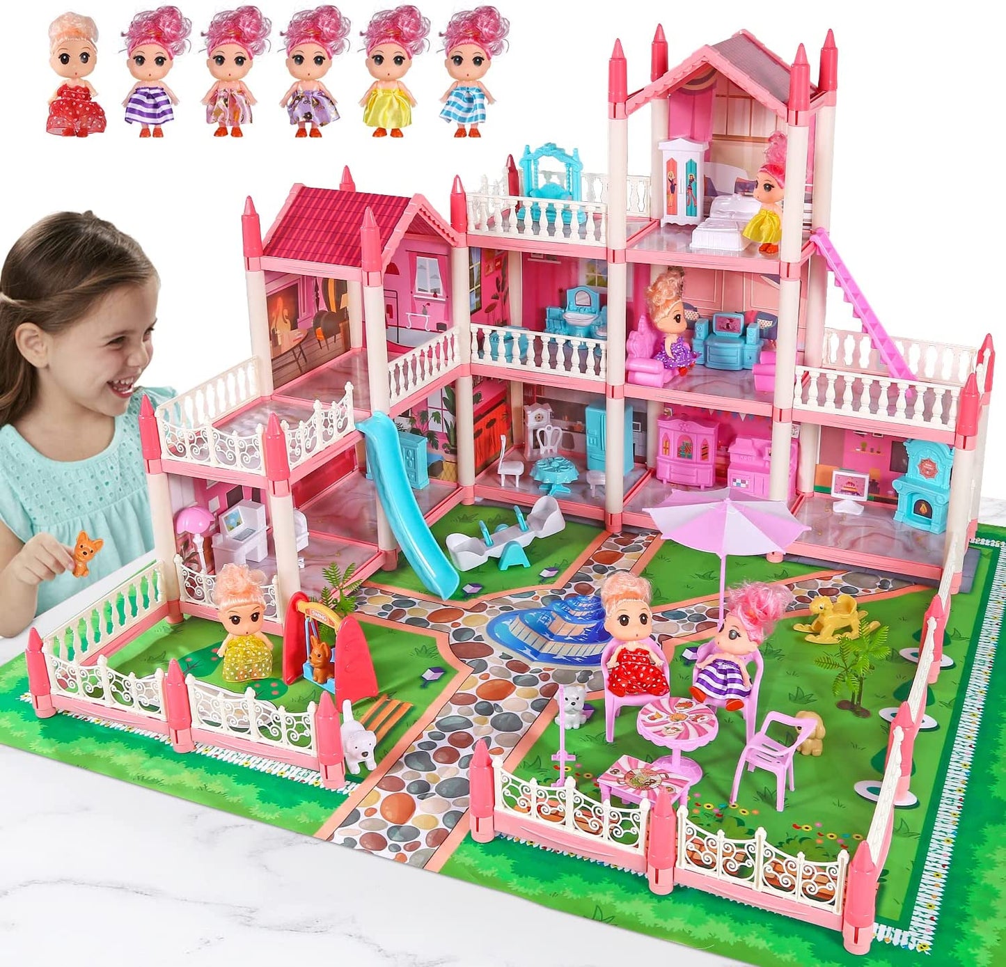 Dollhouse Dream House with 6 Dolls, Pink Doll House Playset Toy with Accessories and Furnitures