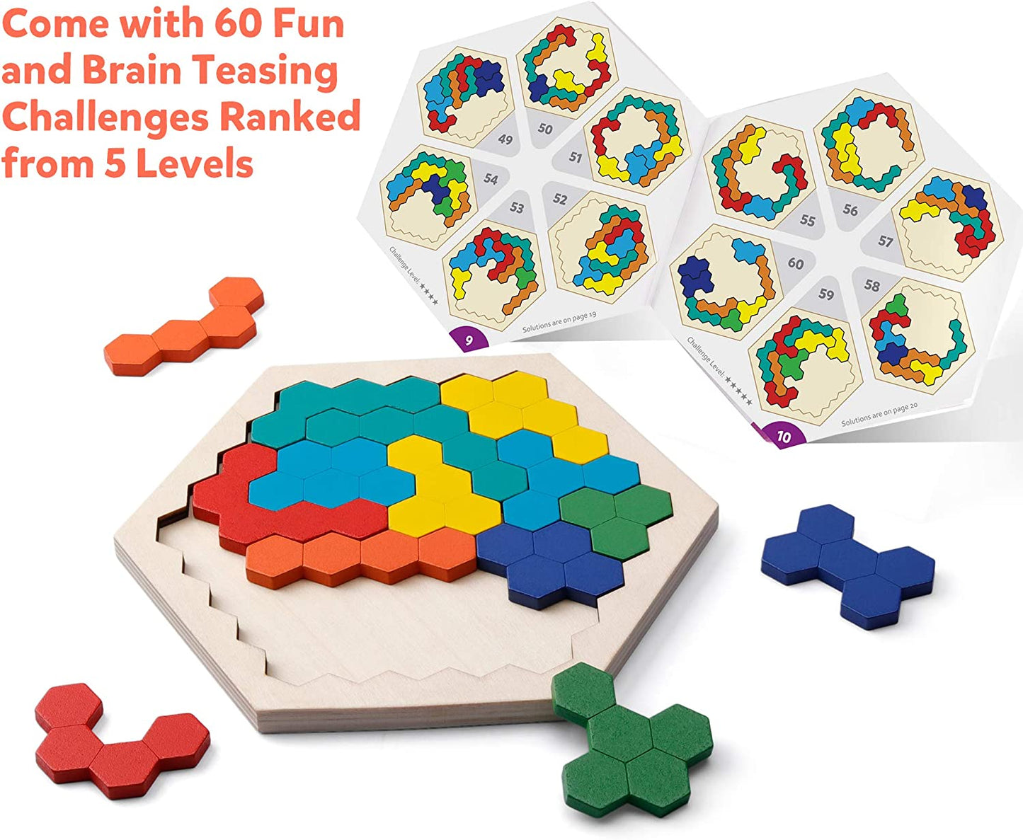 Wooden Hexagon Puzzle for Kid Adults-Shape Pattern Block Tangram Brain Teaser Toy