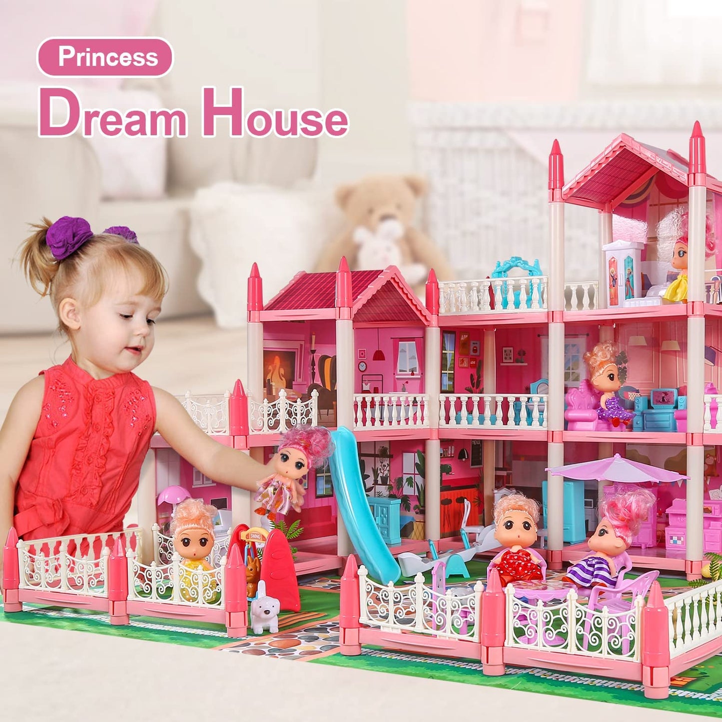 Dollhouse Dream House with 6 Dolls, Pink Doll House Playset Toy with Accessories and Furnitures