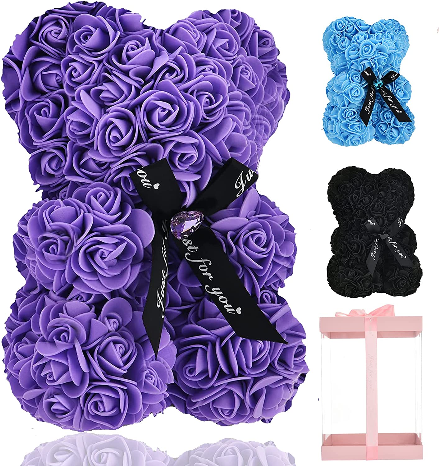 Rose Teddy Bear Flower with Heart-shaped Diamond for Valentine's Day, Purple