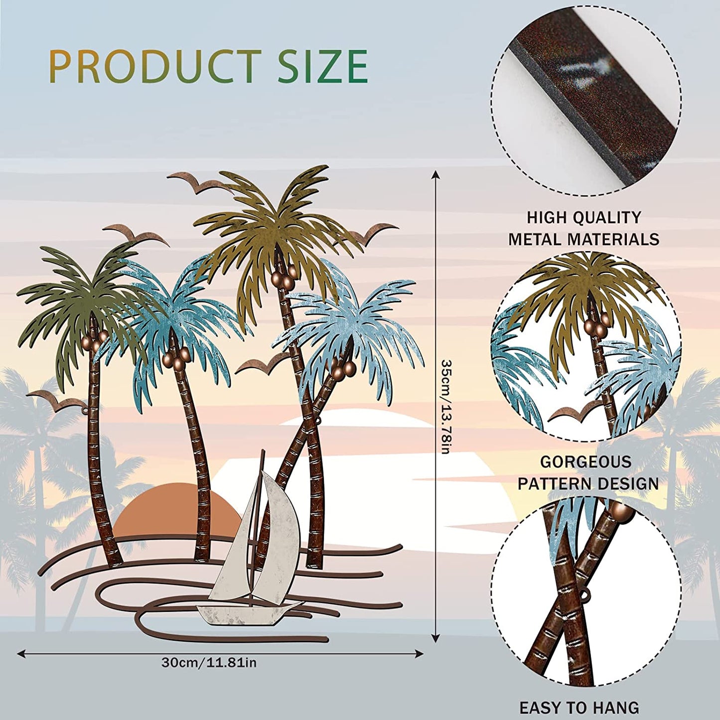 Palm Tree  Tropical Beach Metal Wall Decoration (Sailboat)