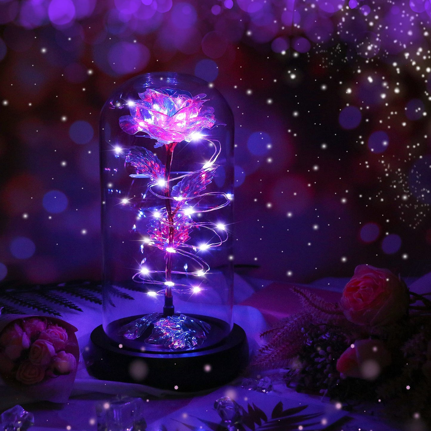 Rotating Romantic Roses Light Up Rose in Glass Dome, Spinning Colorful Artificial Rose Flower Gifts for Her