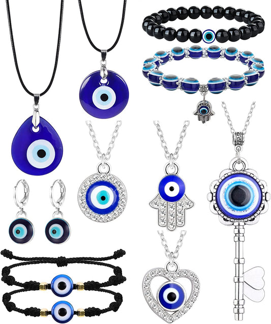 11Pcs Evil Eye Necklace Pendant for Women Men Leather Rope Earrings Protection Bracelet Charms