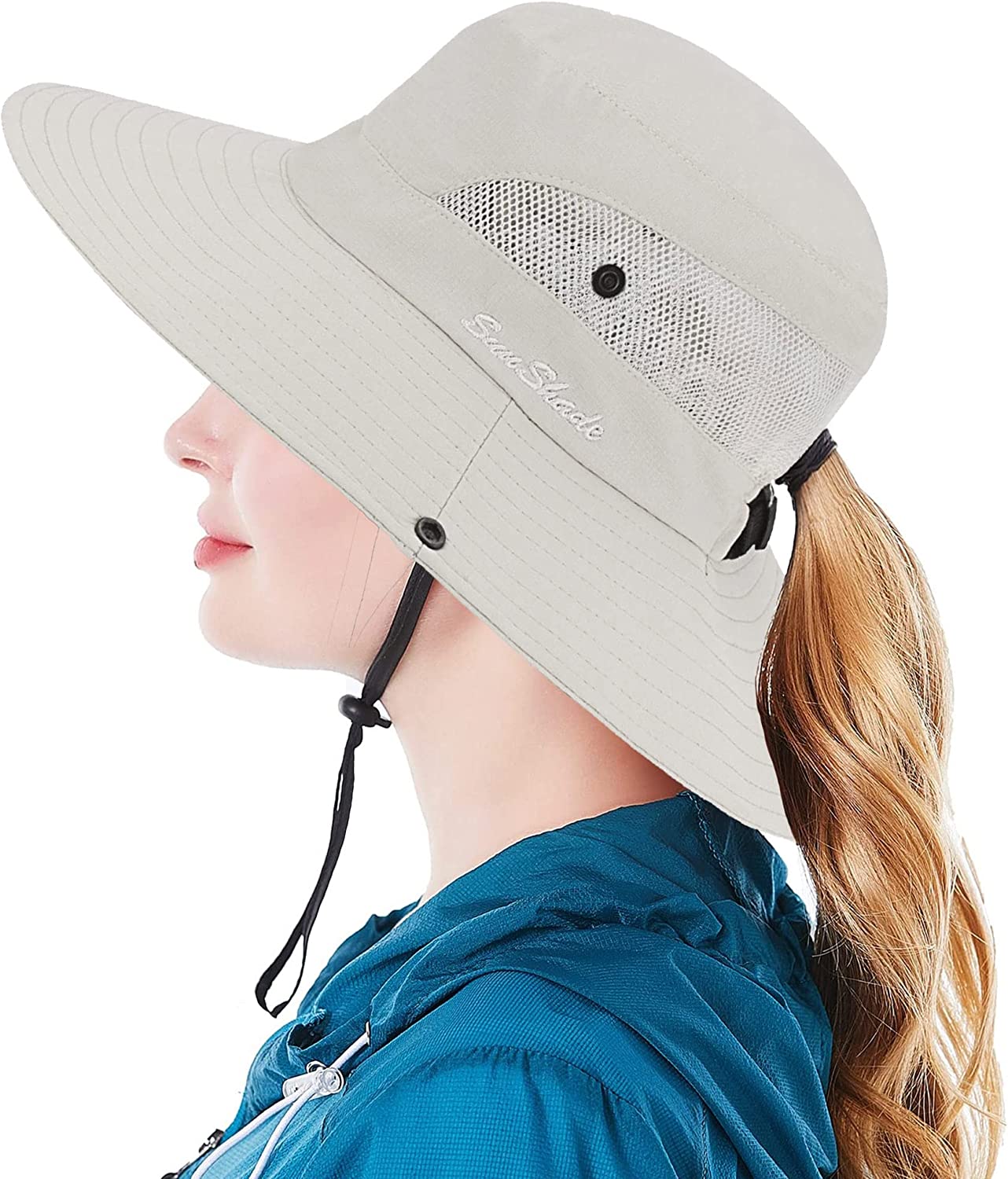 Womens Summer Sun-Hat Outdoor UV Protection Fishing Hat Wide Brim Foldable-Beach-Bucket-Hat w/ Ponytail Hole