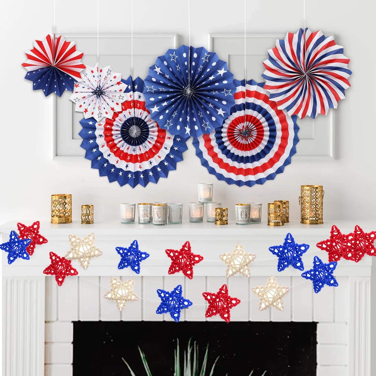 24 Pcs 4th of July Star Shaped Rattan Balls Decoration, 2.36 Inch Red White &Blue