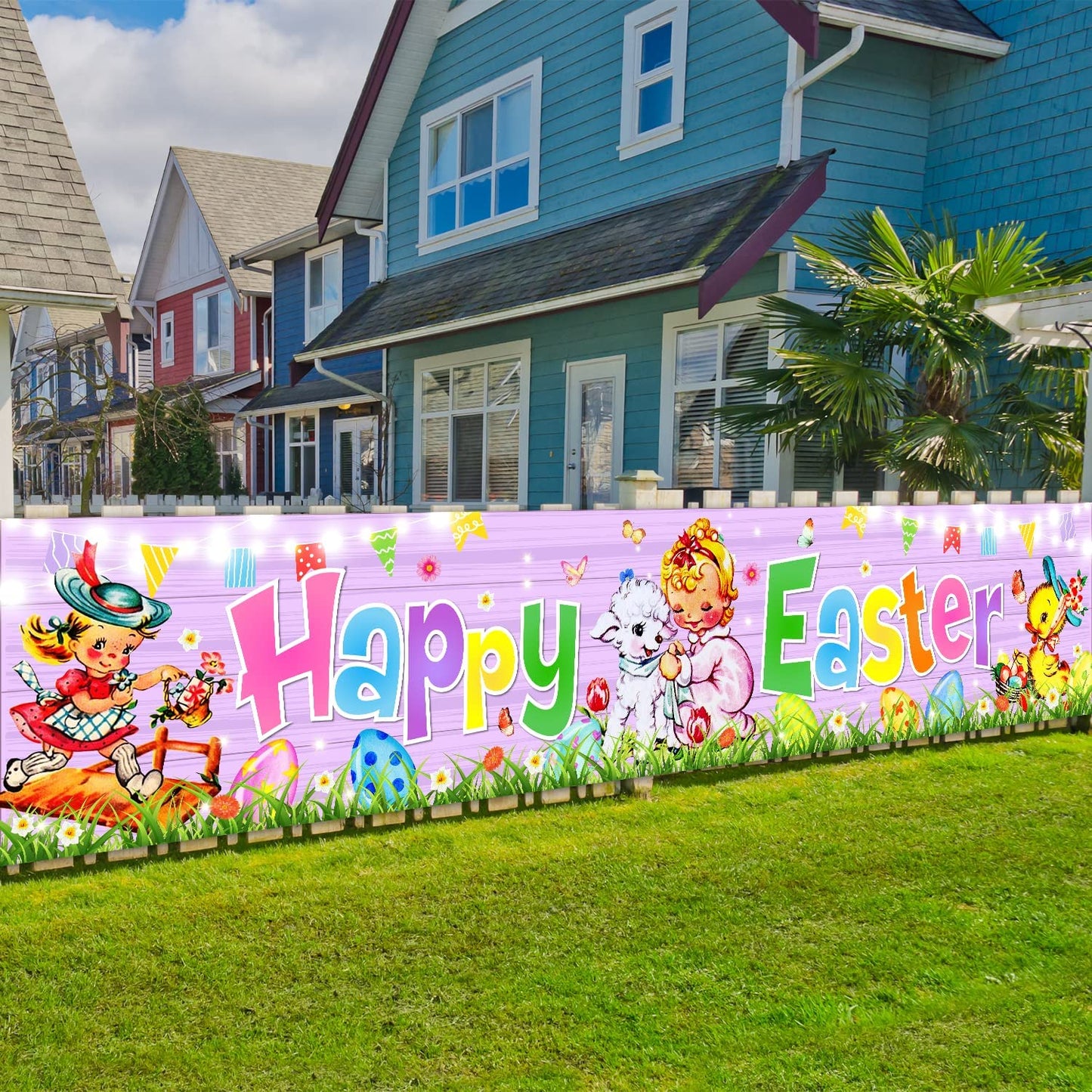 Traditional Easter Day Banner Easter Hang Porch Yard Sign for Wall Spring Theme Party Indoor Outdoor (Pink)