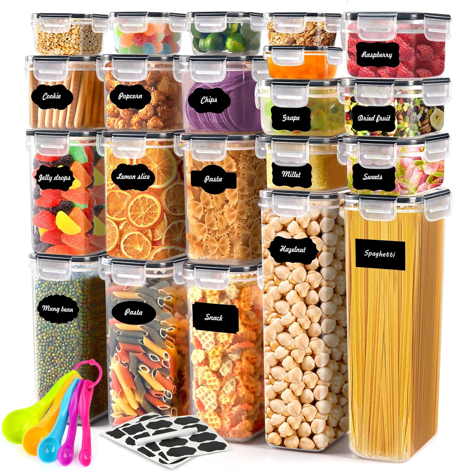 46 PCS Airtight Food Storage Containers Set, Kitchen & Pantry Organization Containers for Cereal, Flour & Sugar, BPA-Free Plastic Cereal Container with Easy Lock Lids, Labels, Marker & Spoon Set