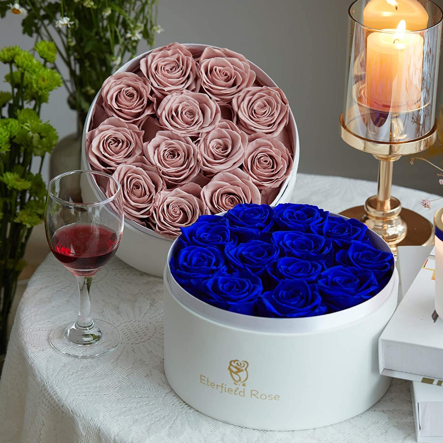 Preserved Roses That Last a Year Eternal Roses in a Box Real Rose w/o Fragrance Gift for Her (Dusty Pink Roses, Round White PU Leather Box)