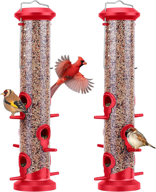 2 Pack Tube Bird Feeders Hanging, Premium Hard Plastic w/ 6 Feeding Ports, Weatherproof & Steel Hanger, (Red)