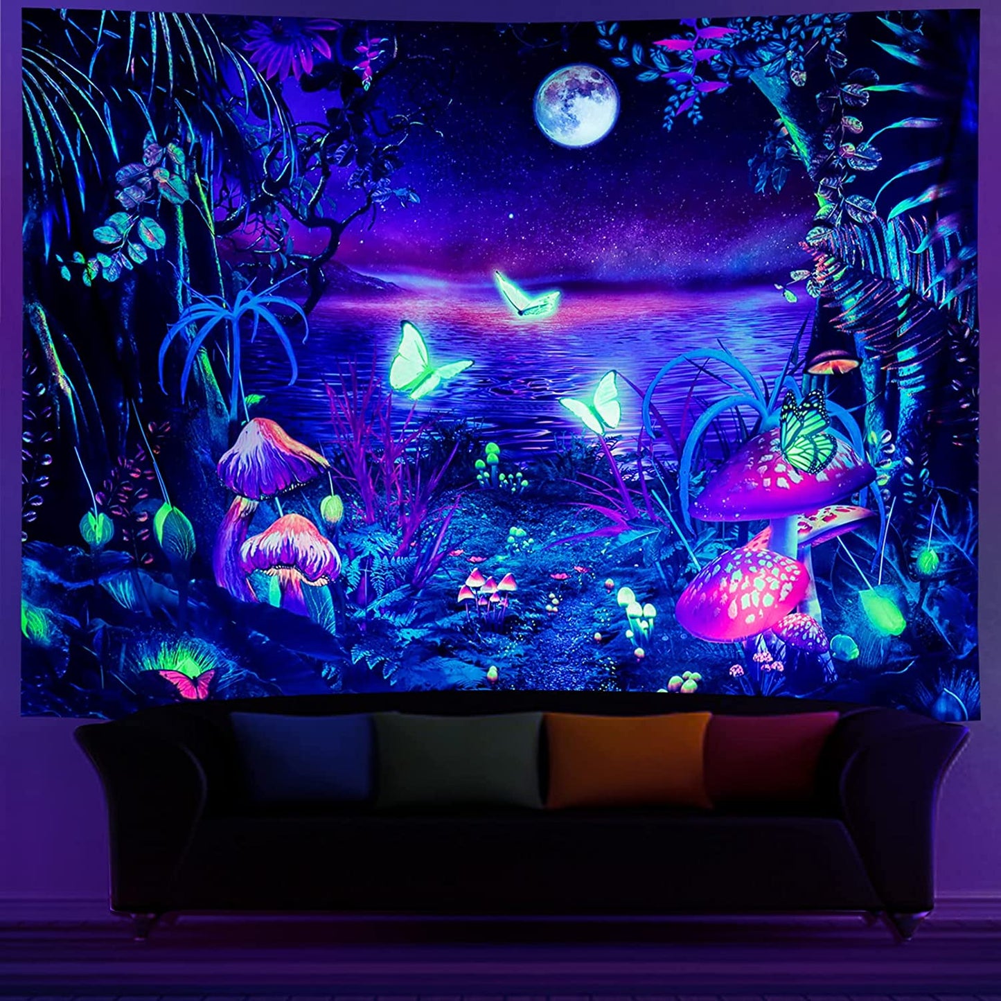 Blacklight Fantasy Forest Tapestry Aesthetic Moon UV Reactive Butterfly -M- 59.1" × 51.2"