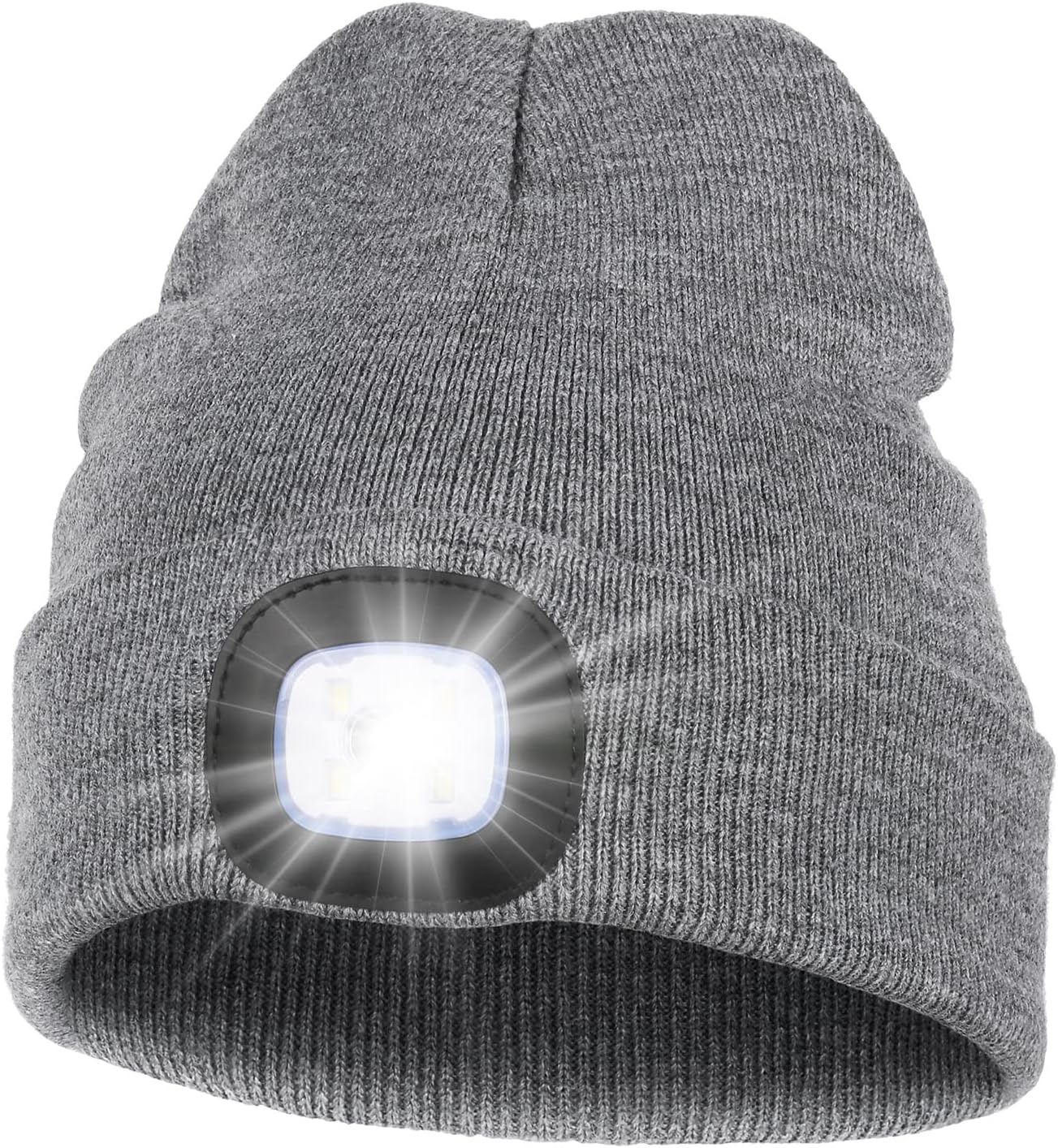 Unisex LED Beanie with Light, USB Rechargeable Hands Free LED Headlamp Hat, Knitted Night Light Beanie Cap Flashlight Hat, Men Gifts for Dad Father Husband (Grey)