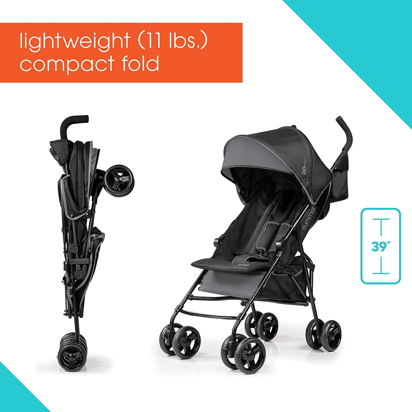 3D Mini Convenience Stroller Lightweight Stroller w/ Compact Fold Multi Position Recline Canopy with Pop Out Sun Visor, Gray