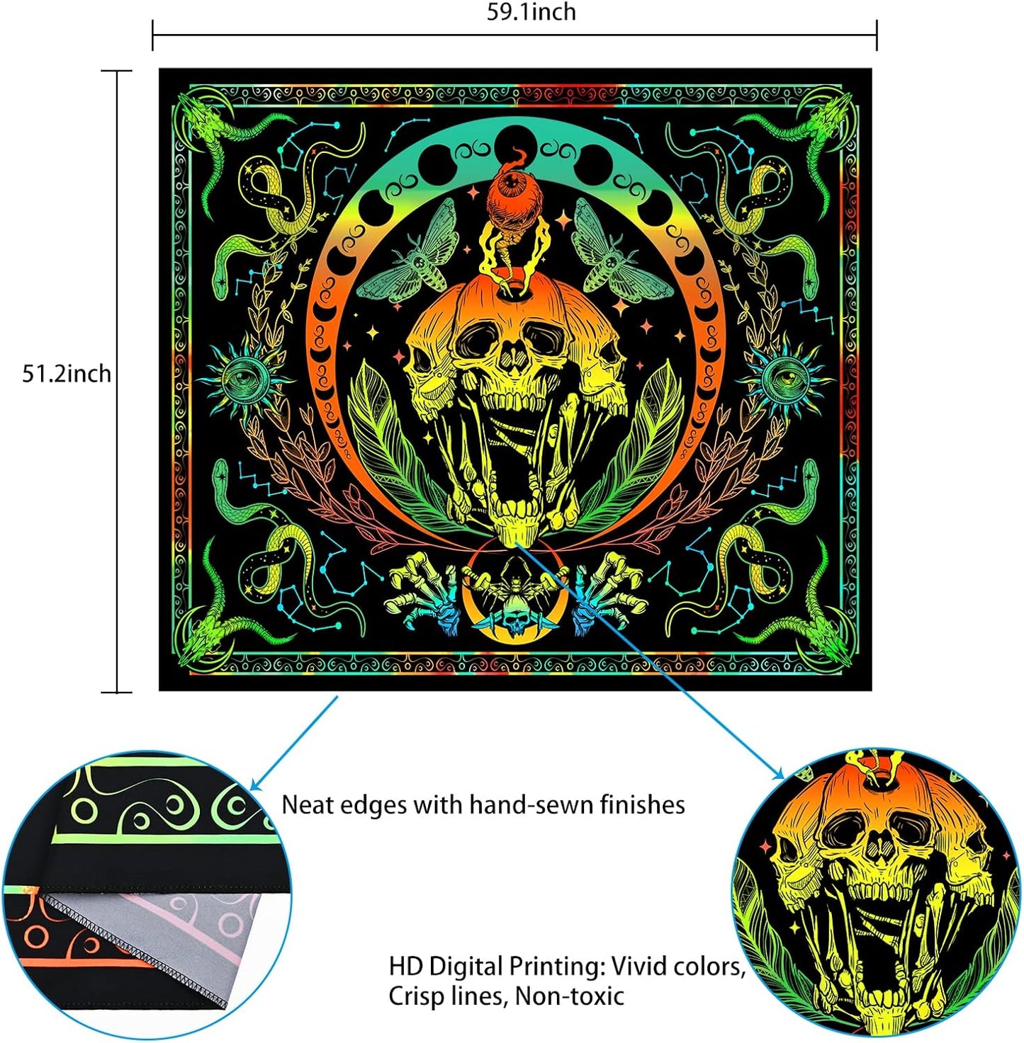 UV Reactive Blacklight Skull Tapestry with Snake, Moth, and Moon Phases - Glow-in-the-Dark Wall Hanging for Aesthetic Room Decor