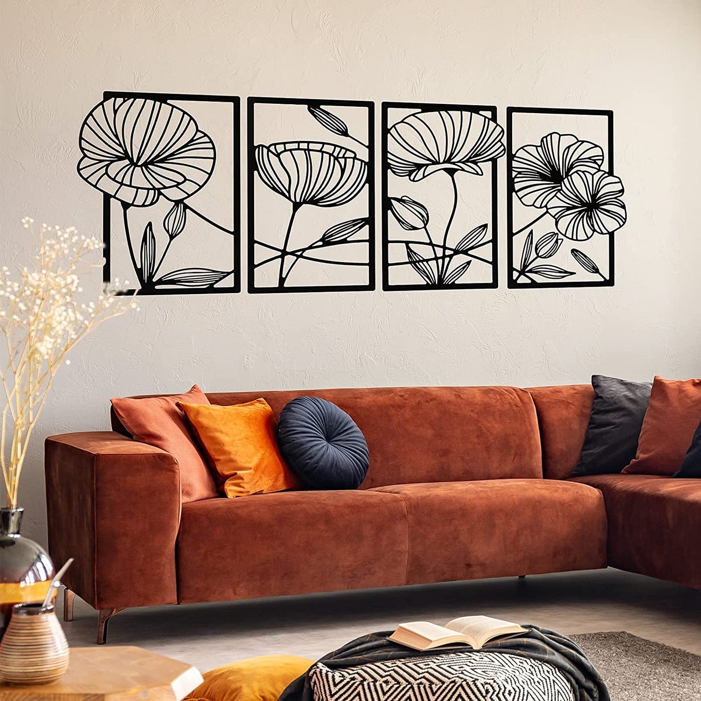 4 Pcs Metal Line Art Wall Decor Metal Flower Minimalist Sculpture Modern 16.5x11.9in (Black)