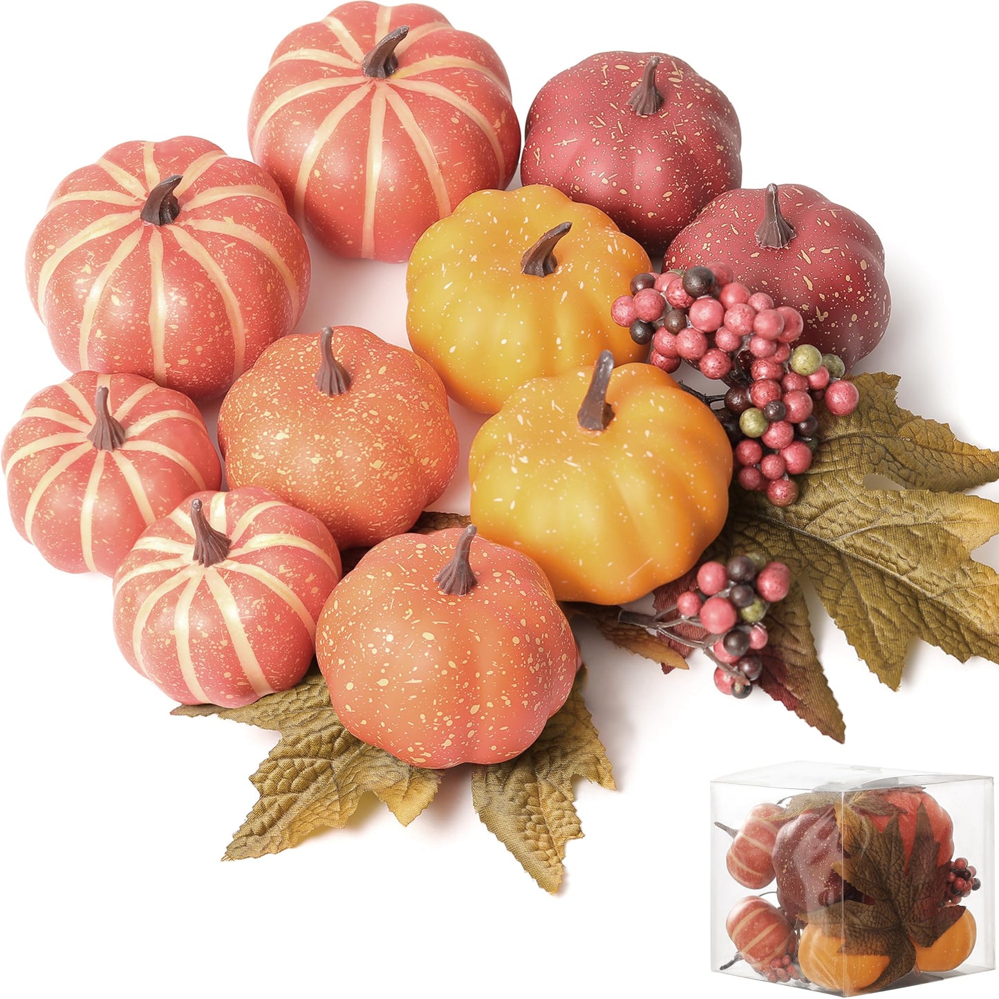 Pumpkin Decor Set, 23 PCS Fall Harvest Decorations Including Mini Pumpkins, Acorns, Pinecones, Berries, Maple Leaves