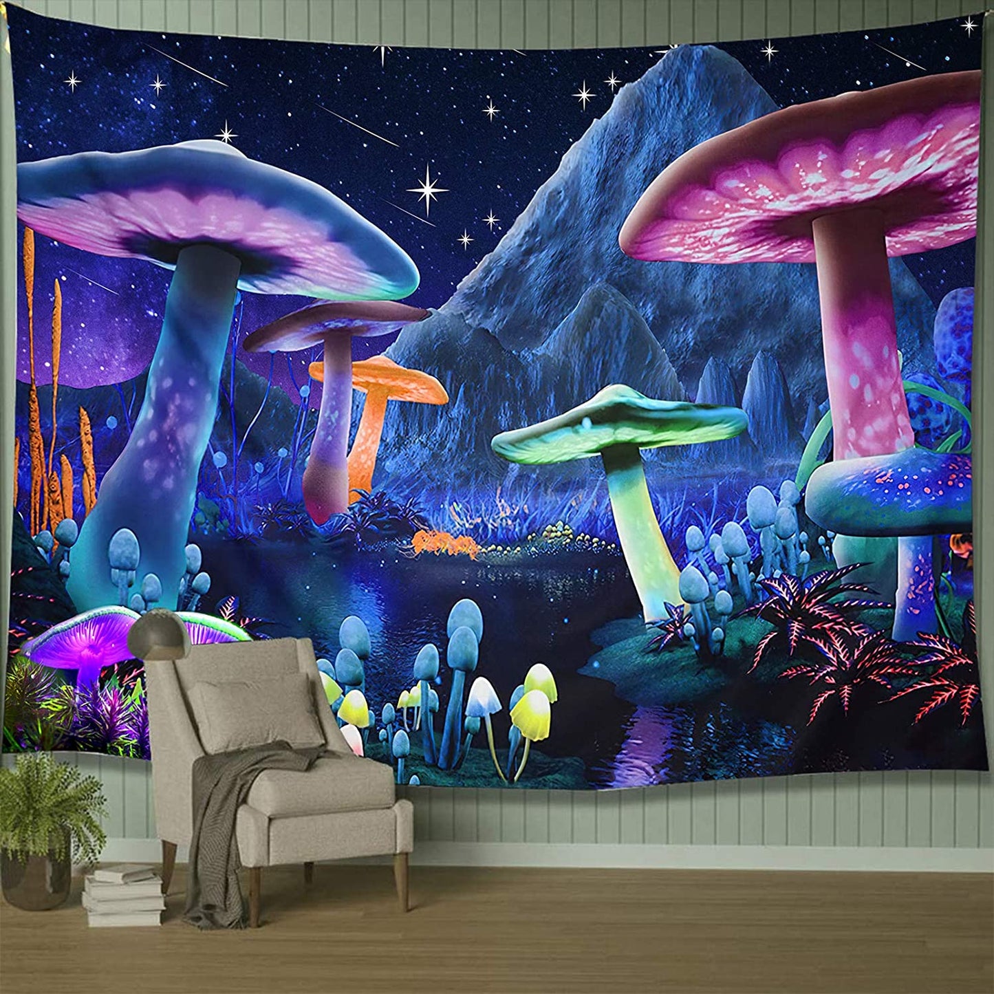 Psychedelic Mushroom Starry Sky Trippy Fantasy Plant Tapestry