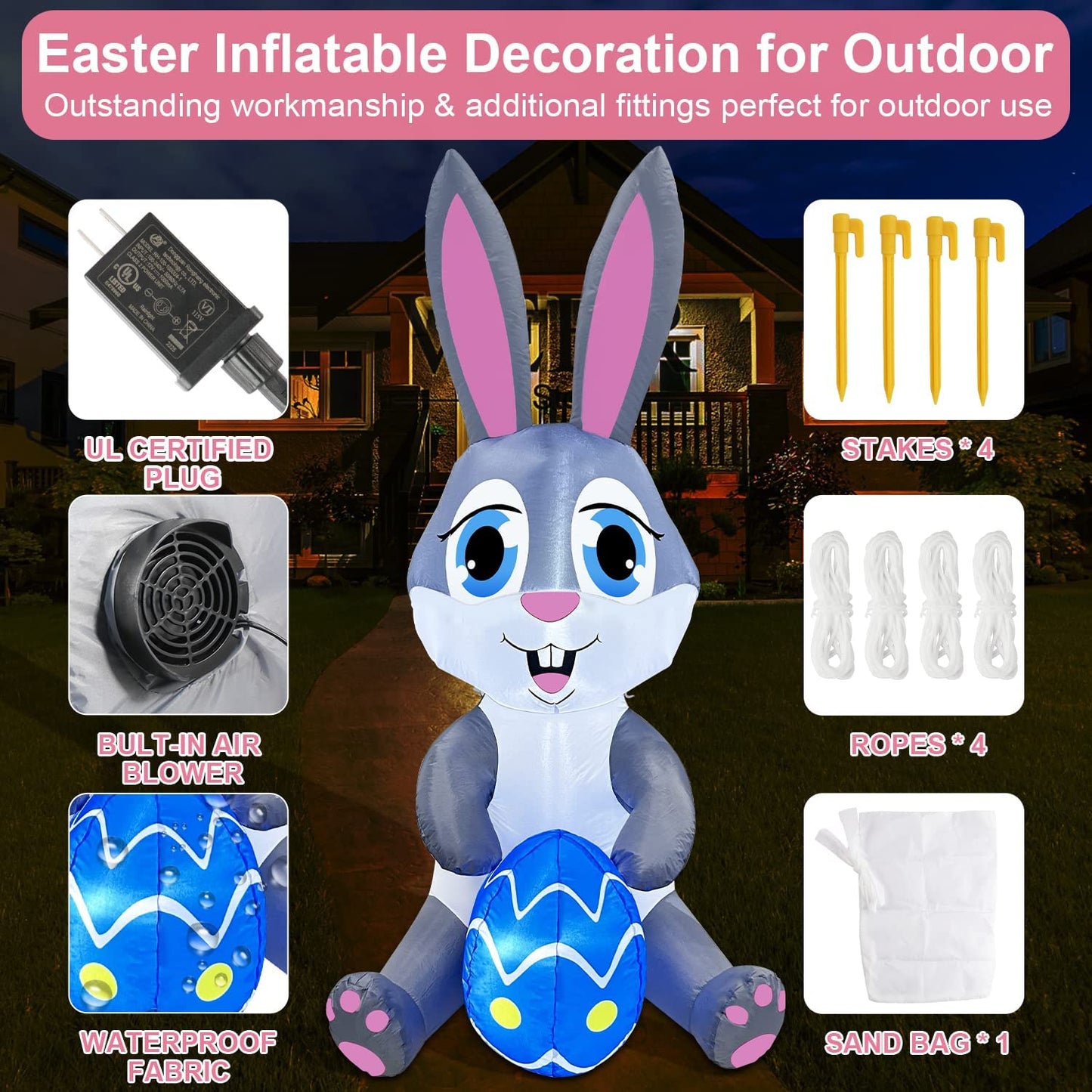 5FT Easter Inflatables Bunny Decorations with Bright Led Lights & Sandbags Stakes Strings